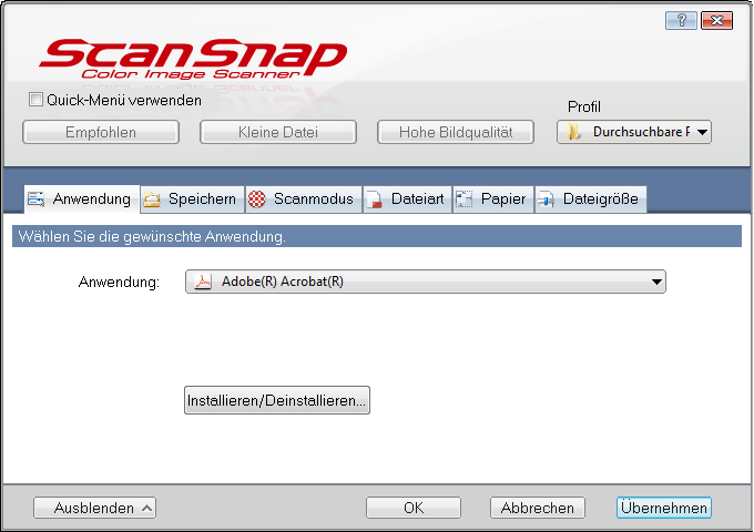 Screenshot: ScanSnap Manager, Seite Anwendung