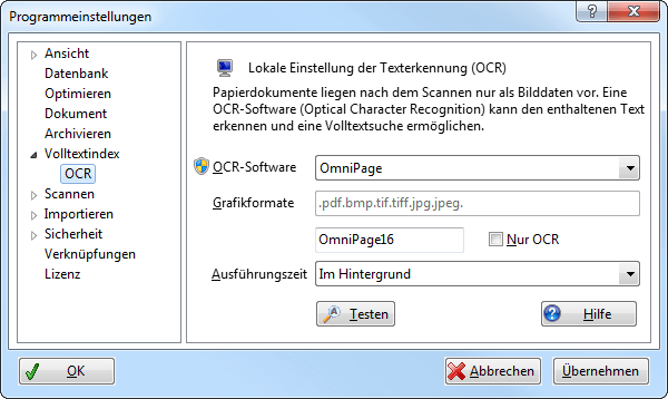 Einstellungen OmniPage OCR im Direktmodus