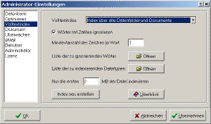 Einstellungen Volltextindex