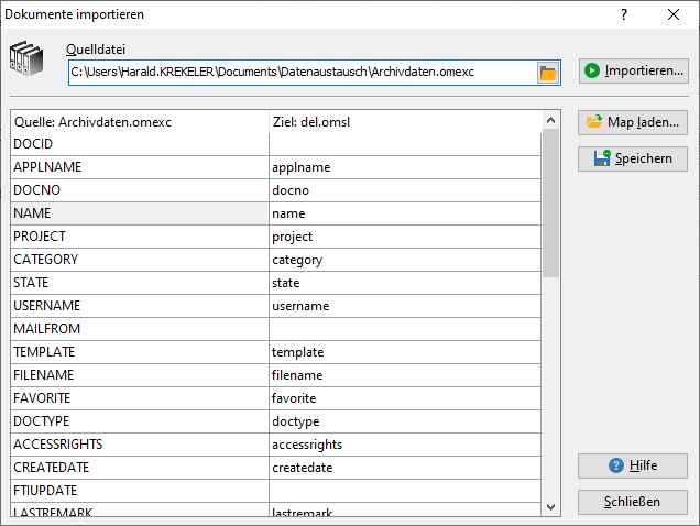 Import in Archiv- oder Kontakdatenbank