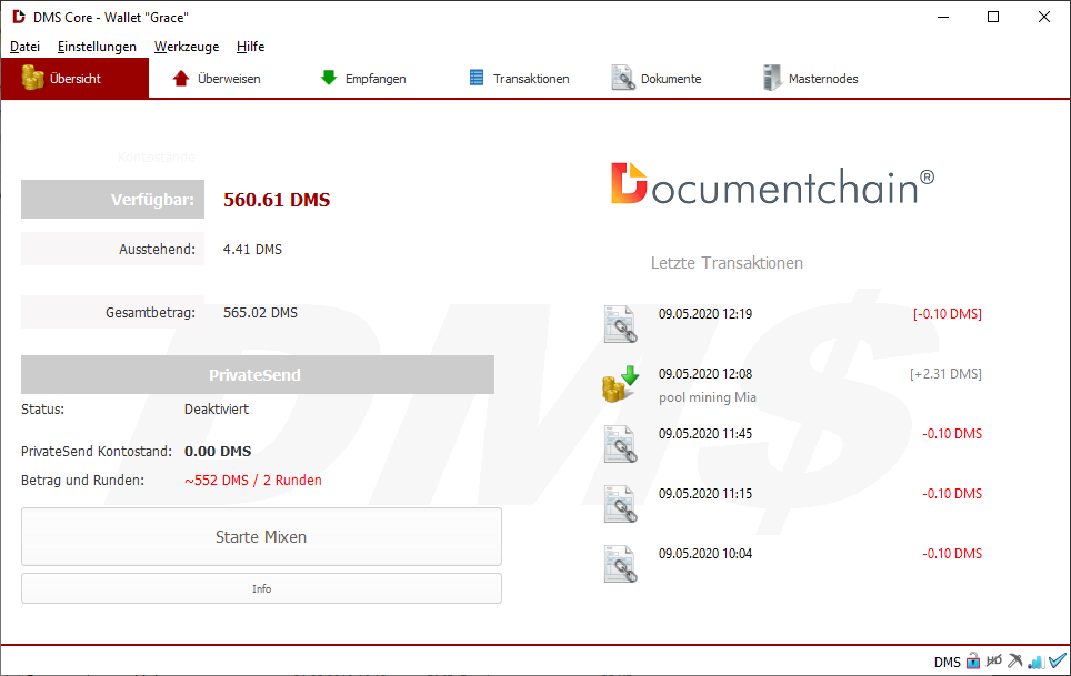 Screenshot der Wallet-Software DMS Core