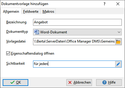 Screenshot: Dokumentvorlage bearbeiten