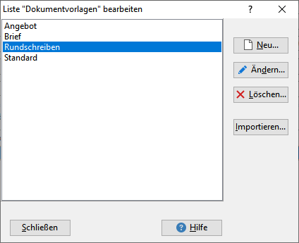 Screenshot: Liste Dokumentvorlagen bearbeiten