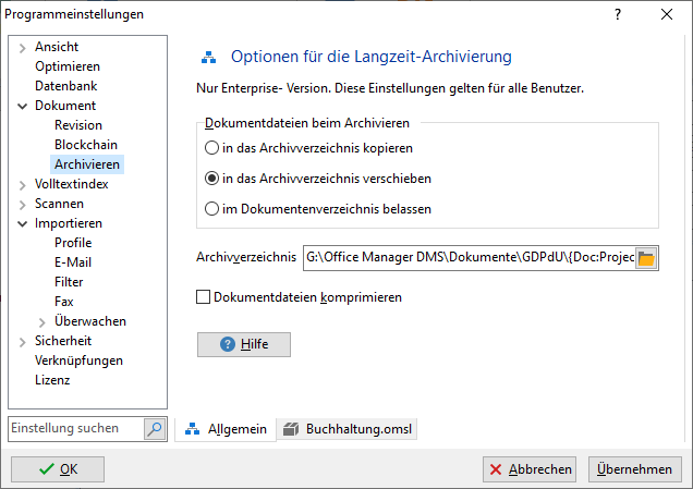 Programmeinstellungen: Archivieren