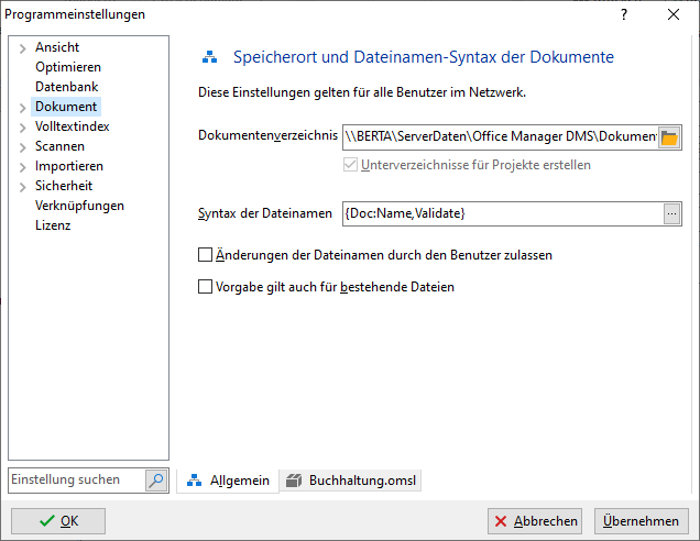 Programmeinstellungen: Dokument