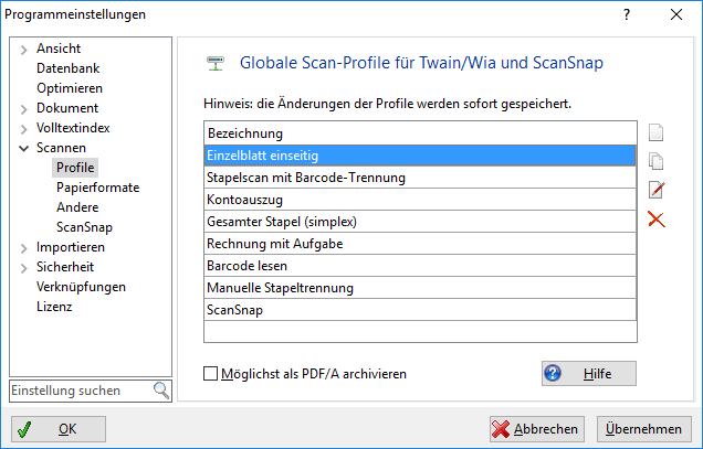 Einstellungen - Scanprofile