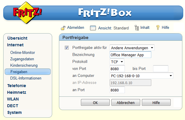 FRITZ!BOX Dialog für Portfreigabe
