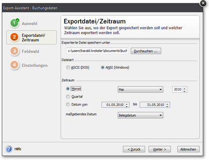 Export Buchungsdaten: Datei und Zeitraum