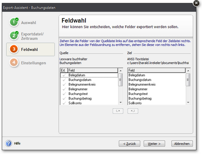 Export Buchungsdaten: Feldauswahl