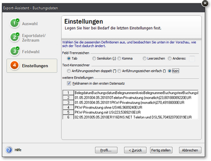 Export Buchungsdaten: Einstellungen