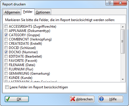 Report drucken: Datenfelder