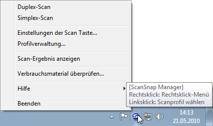 Popupmenü des ScanSnap-Managers
