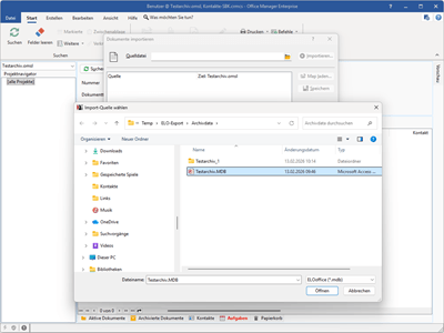 Das ELO-Archiv für den Import auswählen
