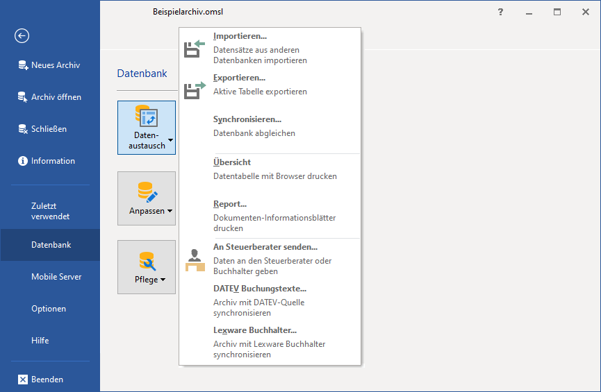 Menü Datenbank - Datenaustausch