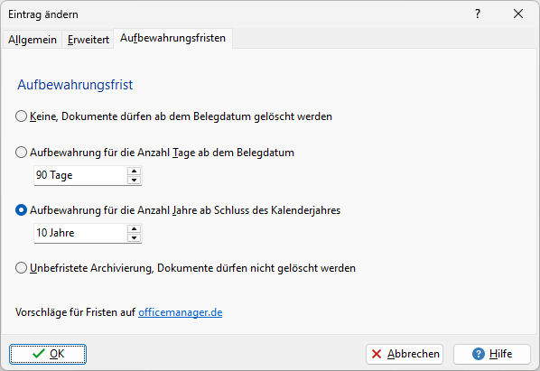Dokumentkategorien mit Aufbewahrungsfristen