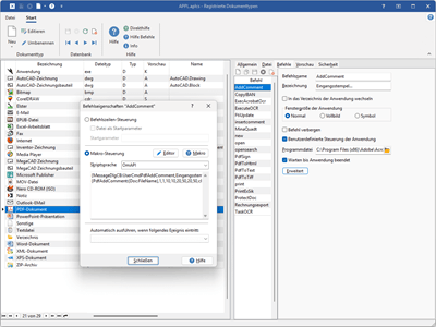 Einstellungsdialog für dokumenttypspezifische Zusatzbefehle
