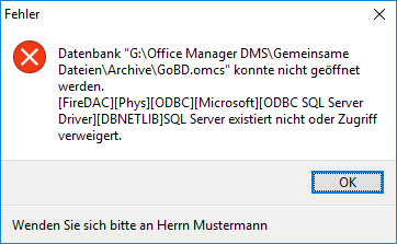 Fehlermeldung beim Öffnen der Server-Datenbank