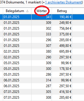 Screenshot der Tabelle mit Spalte "Wörter"